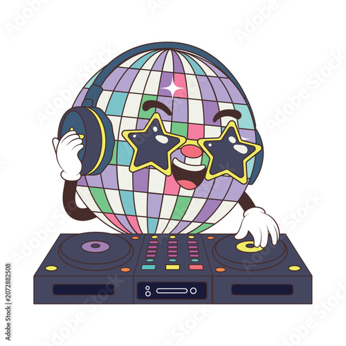 Cute disco ball DJ vector mascot in flat comic style with star glasses and turntable mixer for retro nightlife music festival party concept isolated on white background.