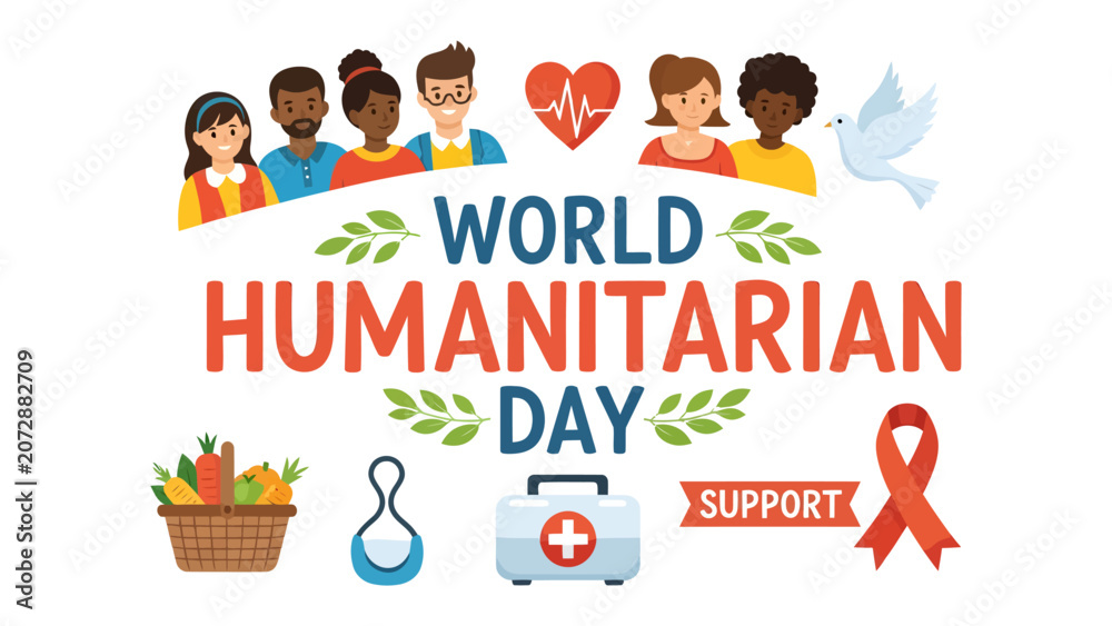 Fototapeta premium World Humanitarian Day: A vibrant illustration celebrating World Humanitarian Day, featuring diverse people, a medical kit, a dove of peace, a red ribbon.