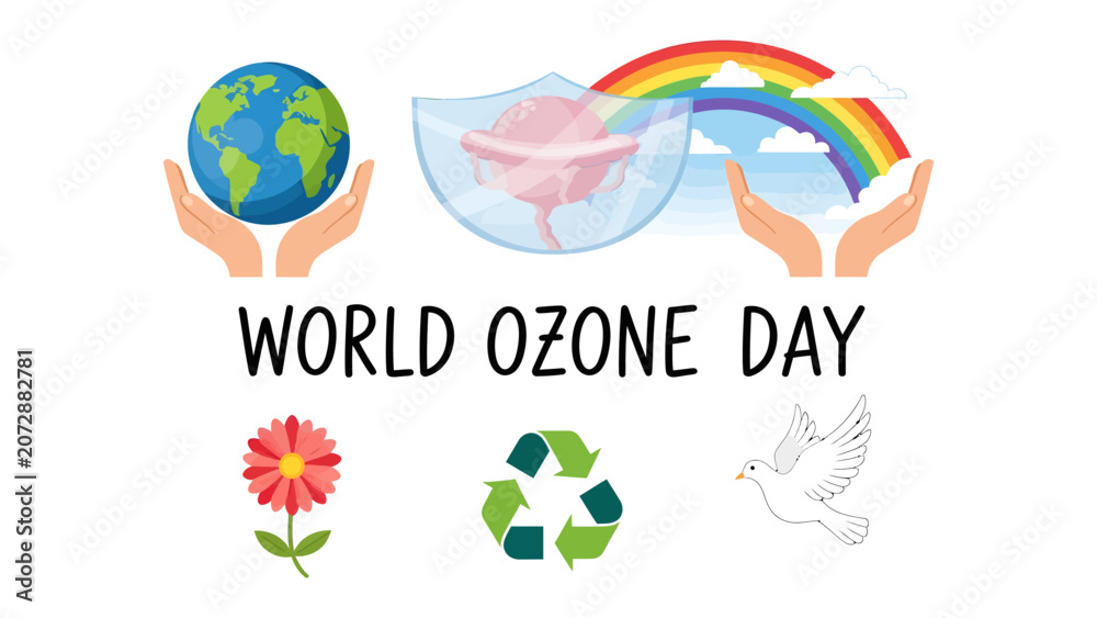Naklejka premium World Ozone Day Illustration: A vibrant graphic celebrating World Ozone Day, featuring hands cradling the Earth, a rainbow under protective hands, a blossoming flower, recycling symbol.