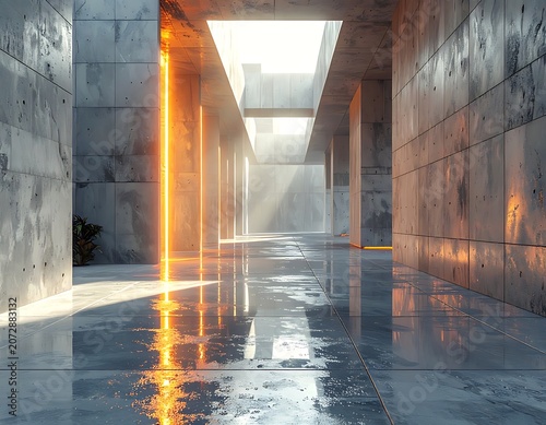 A dimly lit concrete corridor with sunlight peeking through