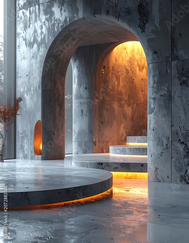 A dimly lit concrete structure with archways and stairs