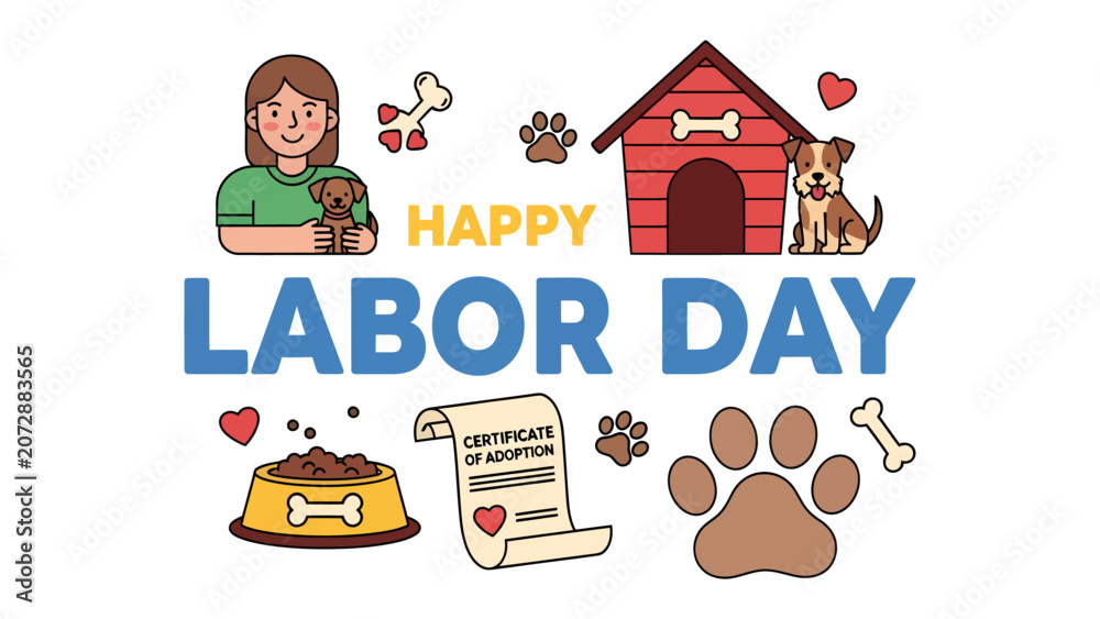 Fototapeta premium Happy Labor Day with Puppy Love: A joyful illustration celebrating Labor Day, featuring a smiling woman holding a puppy, a cute doghouse, dog treats, adoption certificate, and paw prints.