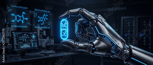 Robotic hand holding glowing medicine capsule in futuristic laboratory with digital holographic screens for ai drug discovery tech