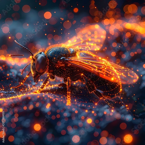 A futuristic bee with glowing orange lines on its body and wings
