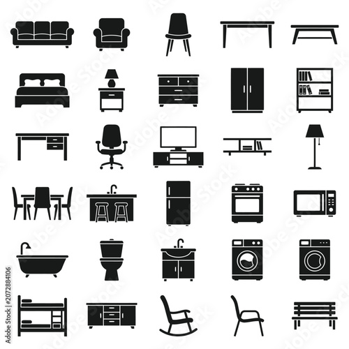 set of black silhouette icons depicting various house furniture elements