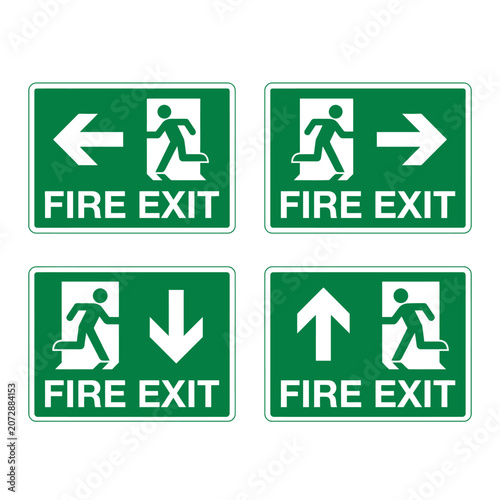 set of emergency fire exit safety signs showing running person