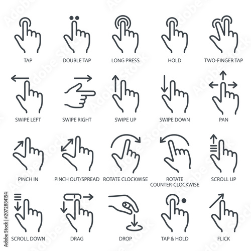 set of gesture touch icons simple flat style line illustration