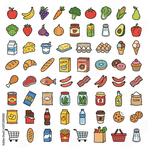 set of grocery store and supermarket food product doodle icons