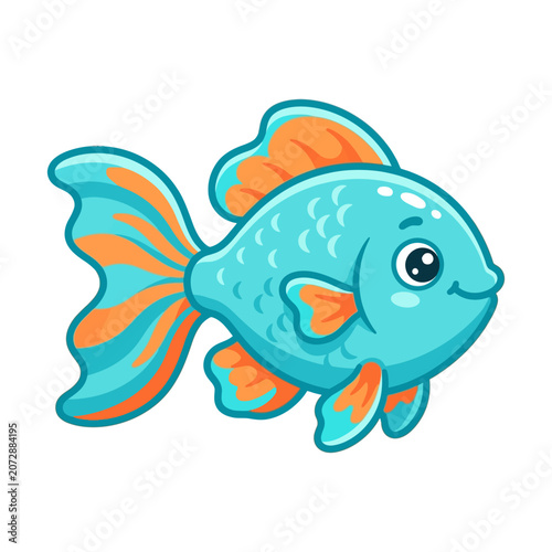 stylized cute fish with rounded body playful cyan orange fins