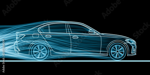 Blue neon wireframe outline of a modern sedan car showing aerodynamic wind tunnel air flow on a black background.