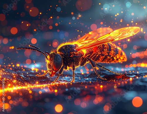 A fiery insect with glowing wings and body