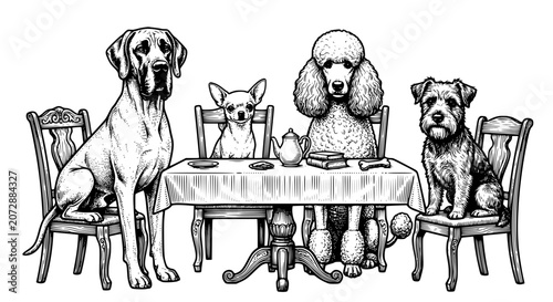 Tableau sur toile dogs at table, dog family, great dane, chihuahua, poodle, terrier dog, anthropom