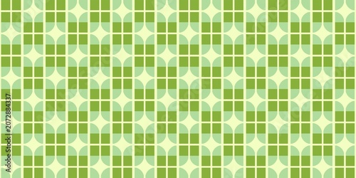 ​Seamless green geometric pattern with abstract squares and curves in retro mid-century modern style.