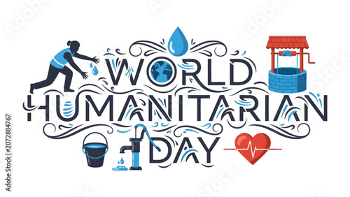 Fotografie World Humanitarian Day: A visually striking graphic for World Humanitarian Day, illustrating acts of kindness and support with symbols of water, aid, and global community