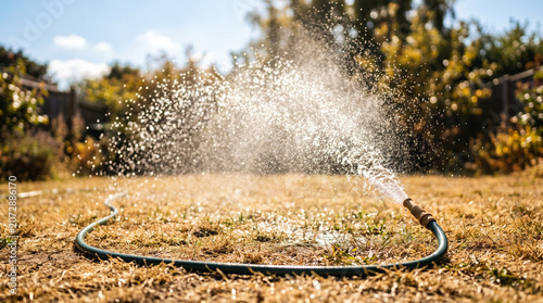 Garden hose spraying refreshing water over dry lawn in summer for irrigation background and outdoor banner design