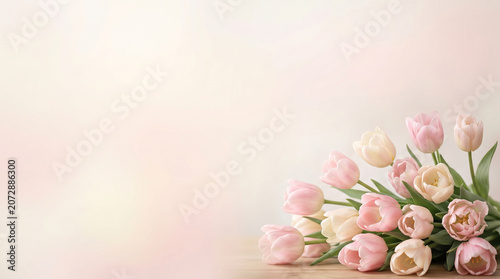 Pastel tulip bouquet on a soft spring background for greeting card and wallpaper design with delicate romantic floral arrangement