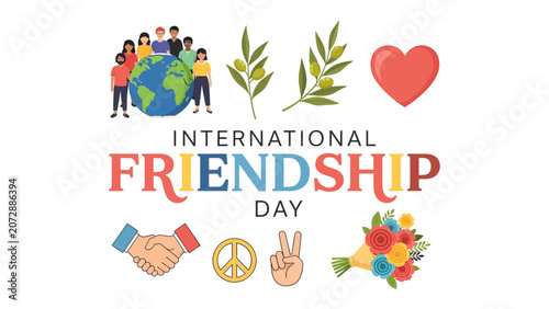 Foto International Friendship Day Celebration: A vibrant illustration celebrating International Friendship Day with symbols of global unity, love, and connection, including diverse people, olive branches