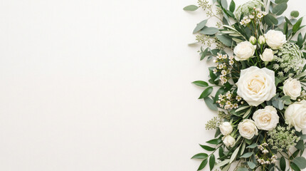 White rose and greenery bouquet on blank background for wedding invitation background and floral stationery design