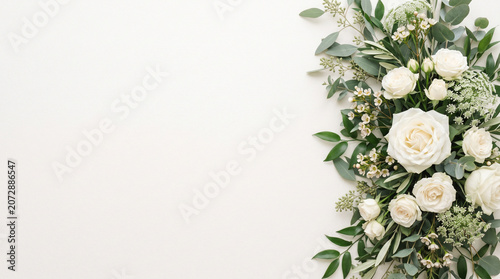 White rose and greenery bouquet on blank background for wedding invitation background and floral stationery design
