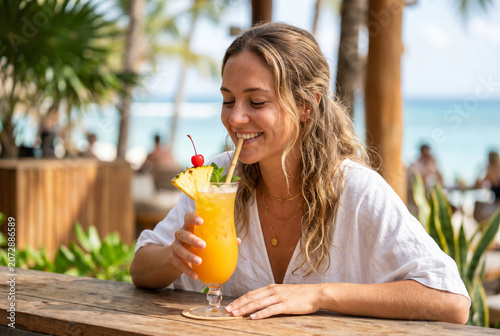Young woman drinking a tropical cocktail at a beach bar for summer vacation lifestyle and travel social media content
