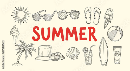 Billede på lærred Summer vacation icons and symbols collage.