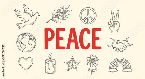 Fotografi Symbolic peace signs and icons concept.