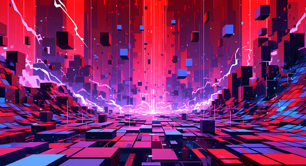 Crédence de cuisine Bordeaux Futuristic digital landscape with floating 3D cubes and red lightning  © Filip