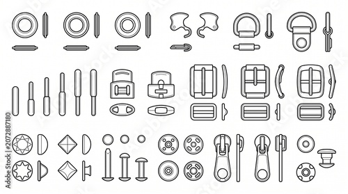 Collection of Metal Hardware for Clothing and Bags Technical Drawing Icons