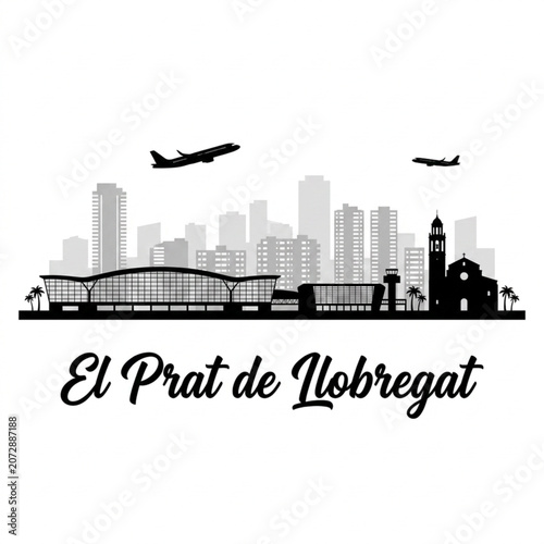 Bild auf Leinwand ‎El Prat de Llobregat Skyline Silhouette — A Barcelona Airport Coastal City in S
