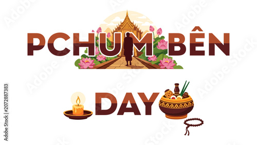 Valokuva Pchum Ben Day Illustration: A visually rich illustration depicting elements of Pchum Ben Day, a Cambodian ancestral veneration festival, featuring a monk walking towards a pagoda, lotus flowers
