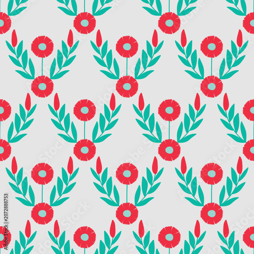 Cute geometric floral seamless pattern with red flowers. Ethnic or scandinavian style botanical repeat background. Minimalist folklore vector texture for fabric or wallpaper.