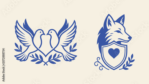 Foto Vector logo set with two doves forming a heart shape and a fox head with a shiel