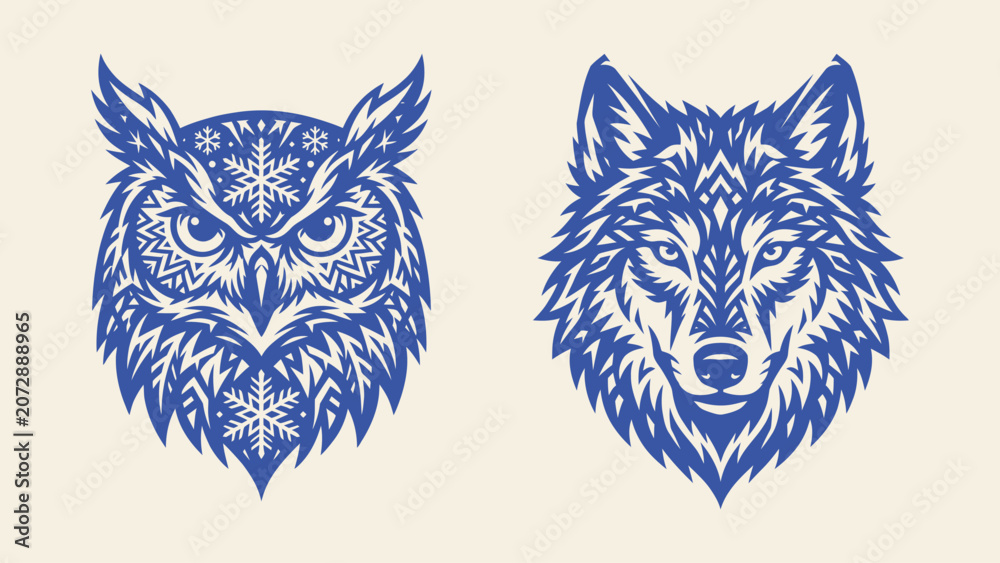 Obraz premium Stylized owl and wolf head vector illustrations with winter snowflake patterns for logo and t-shirt design