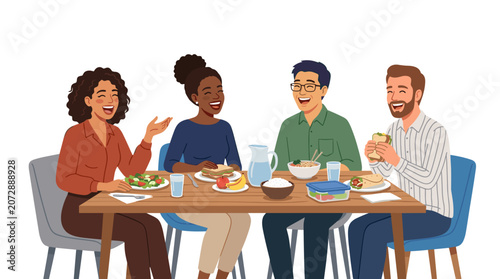 Diverse Group of Happy Friends Enjoying a Healthy Lunch Together at a Wooden Table Isolated on a Clean White Background