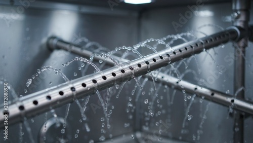 Sprinkler system sprays water through small circular holes in metal pipes within a clean industrial environment.