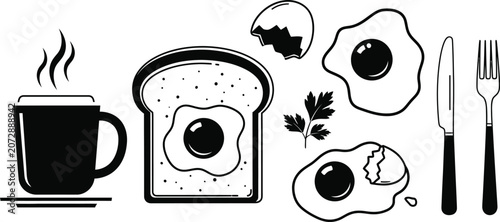 Foto Breakfast set of coffee egg in toast fried eggs knife and fork icon vector colle