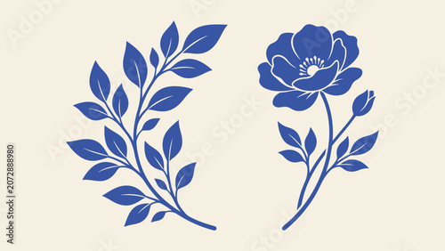 Foto Minimalist blue flower and leafy branch vector illustrations in linocut style fo