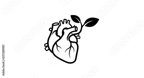 Anatomical heart with growth symbol in black and white design