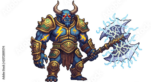 Tablou pe pânză Powerful blue minotaur warrior with glowing axe.