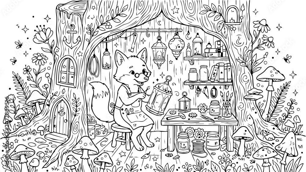 Fototapeta premium Friendly fox operating a magical lantern workshop inside a tree stump house, mushrooms, flowers and stars around, coloring book page, professional vector line art