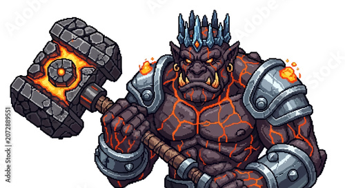 Foto Powerful Orc Warrior Holding Fiery Hammer.