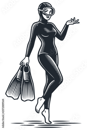 Vector engraving illustration of a woman in a diving wetsuit and mask holding flippers. Vintage monochrome graphic isolated on white.