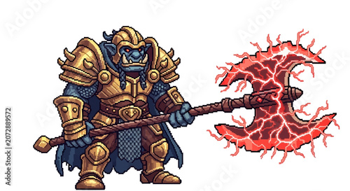 Fotografia Powerful Orc Warrior with Fiery Axe.