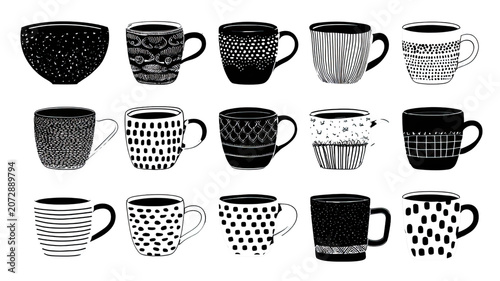 Black and White Coffee Cup and Basket Set Vector Illustration with Seamless Pattern Mug Tea Cafe Beverage Icons for Espresso Cappuccino Latte and Mocha Design Collection