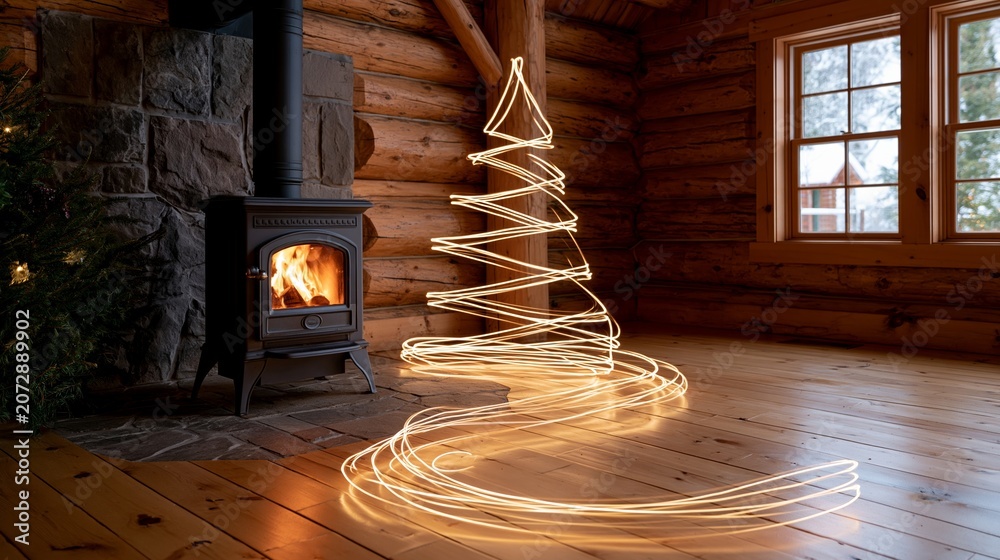 Obraz premium Cozy cabin interior presenting a glowing light trail christmas tree and a warm wood burning stove