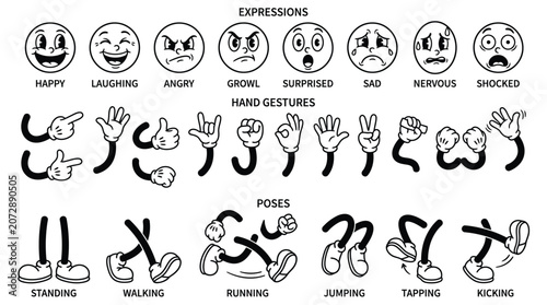 Black and white vector illustration set containing classic cartoon style faces hands and character body poses