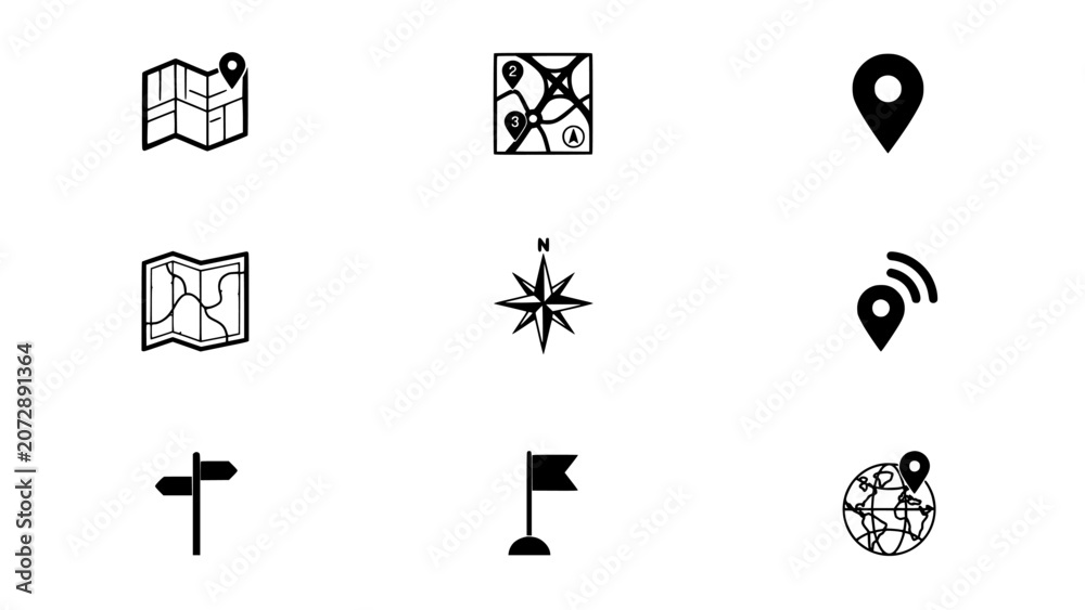 Fototapeta premium Icons Depicting Navigation and Travel Symbols in Black and White Vector Style Featuring Map, Compass, Pin with Location