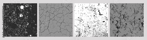 Set of four grayscale grunge textures including corroded patches, cracked mud, erosion speckles, and weathered surfaces, abstract distressed backgrounds for overlays