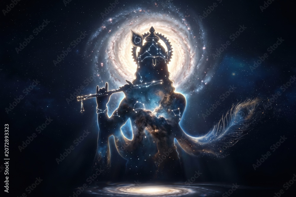 Naklejka premium Krishna Cosmic Galaxy Silhouette – Divine Celestial Wallpaper 
