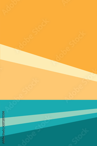 Abstract geometric design features diagonal warm orange and yellow stripes suggesting sun rays at dawn or dusk. Below, horizontal cool teal and dark blue stripes depict an ocean or water body.